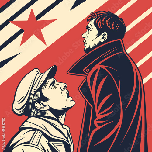 Confrontational portrait of two men in retro style with stylized illustration depicting two men in a tense, confrontational
