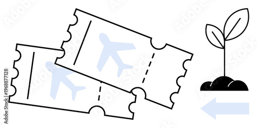 Sustainable travel, eco-tourism, carbon offset, green initiatives, environmental responsibility, preservation. Two airplane tickets with a small growing plant. Sustainable travel and eco-tourism