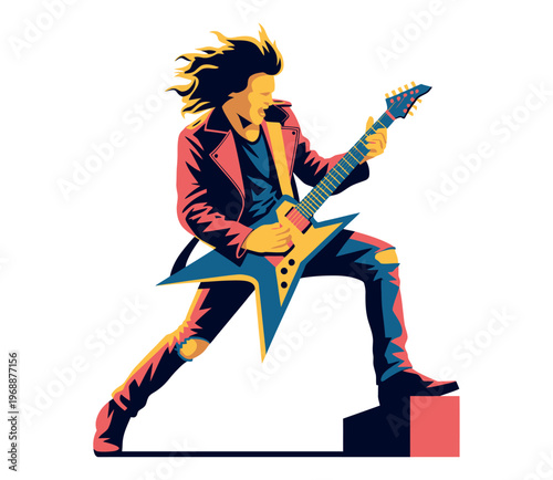A vibrant illustration of a rock musician playing an electric guitar with dynamic movements and bold colors.