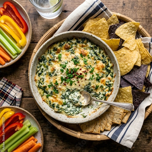 Spinach and Artichoke Dip with Tortilla Chips and Fresh Vegetable Sticks on a Wooden Table