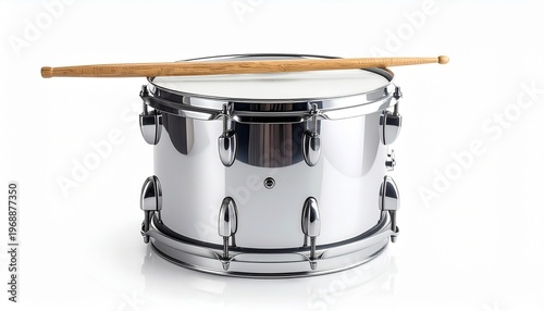 Polished chrome snare drum with wooden drumsticks resting on top, isolated on white background, studio lighting, high detail musical instrument