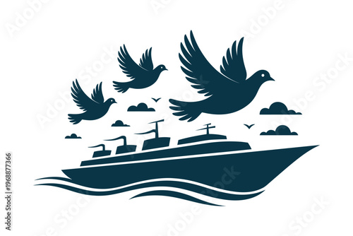 A stylized illustration of a cruise ship with birds flying overhead in a simple design