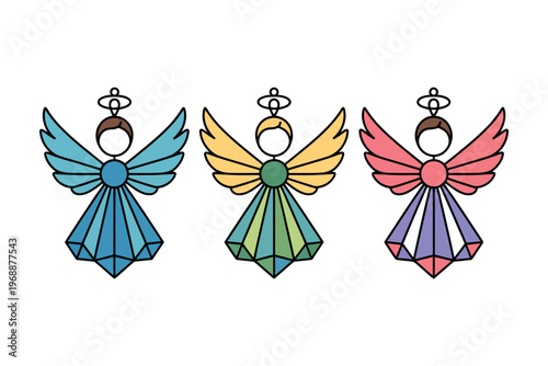 Three colorful angel ornaments with crystal wings and halos on a white background