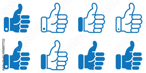 Set of eight flat design thumbs up icons for positive feedback and approval in business and social media