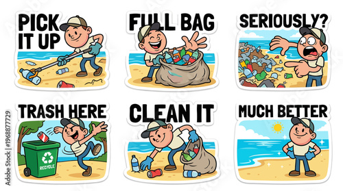 Beach cleaning cartoon sticker set flat vector featuring volunteer picking up plastic trash full bag of bottles recycle bin mission polluted ocean vs clean coast and sustainable environment goal