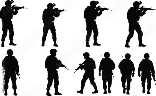 Military soldier silhouettes set, armed forces with rifles, tactical positions, army personnel, defense and security concept, combat training illustration collection