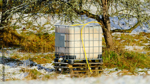 Winter pasture with a wooden fence under a clear blue sky.