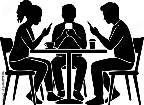 People using smartphones at table ignoring each other, social media addiction and digital communication concept silhouette