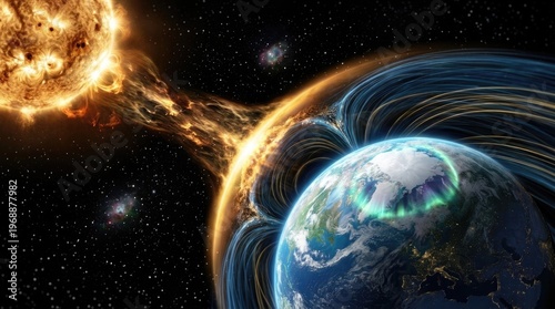 Sun's intense solar flare eruption, sending charged particle stream towards planet Earth, causing bright aurora borealis light display around magnetic pole, creating space weather phenomenon.