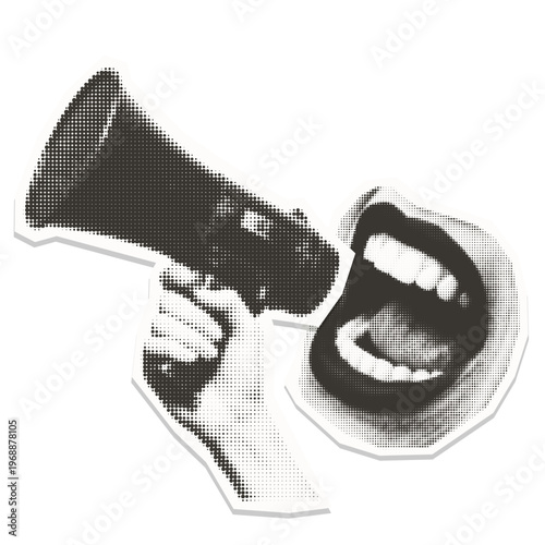 Vintage pop art megaphone and shouting mouth sticker. Retro 90s halftone collage design element isolated on transparent background.