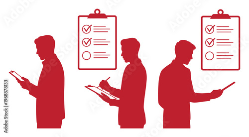 Three professionals reviewing checklist progress on digital task boards in office setting