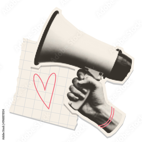 Halftone hand holding megaphone with torn grid paper and pink heart. Vintage collage sticker isolated on transparent background.