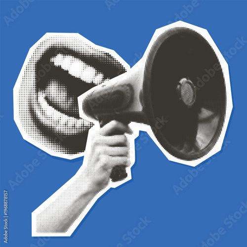 Vintage pop art megaphone and shouting mouth sticker. Retro 90s halftone collage design element on blue background.
