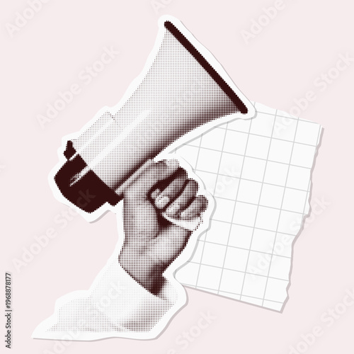 Hand holding megaphone in halftone dot style. Vintage collage paper sticker element with torn grid paper. Retro 90s zine aesthetic vector illustration.