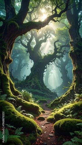 Mossy forest path leading through ancient trees, sunlight filtering through green canopy