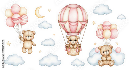 Adorable teddy bears flying in hot air balloon and holding pink balloons in the sky with clouds and stars isolated on transparent background