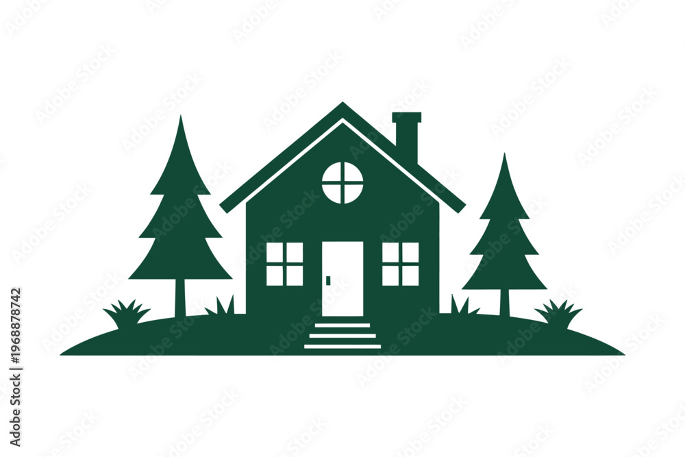 Fototapeta premium A green silhouette of a house with trees on a white background
