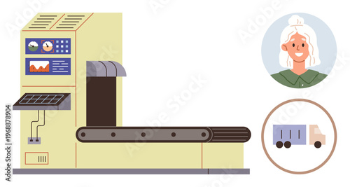Manufacturing, logistics, factory operations, quality control, delivery, packaging. Conveyor system with control panel and operator icon. Manufacturing and logistics workflow concept