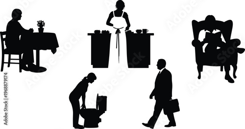 Set of everyday lifestyle silhouettes, people at home and work activities, cooking, sitting, cleaning, walking, daily routine, human activity illustration collection