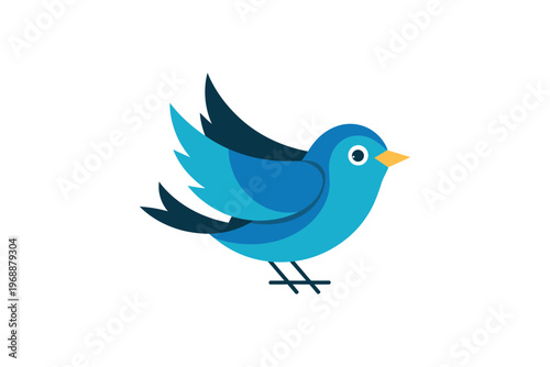 A cartoon blue bird with vibrant feathers and a yellow beak stands on a plain white background.