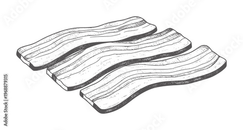 Three strips of raw bacon in a style a white meat pork