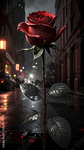 Red rose blooms on city street, post-rain, with blurry lights & cars. Dark & romantic scene