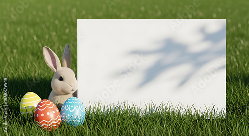 Easter bunny with colorful eggs on green grass  holiday decoration transparent background