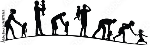 Black Silhouette Collection of Happy Parents and Children Playing Together on a Hillside Representing Family Love Bonding Parenting and Joyful Childhood Outdoor Activities