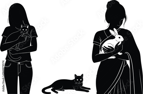 Women holding pets silhouettes, cat and rabbit care, animal lovers lifestyle, companionship, domestic animals, human pet bonding illustration set