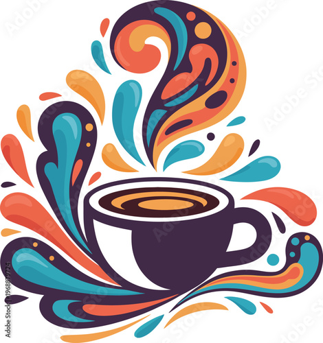 Abstract artistic illustration of a coffee cup with colorful swirling steam and liquid splashes for beverage concepts