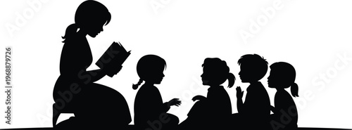 Black silhouette of a female teacher or mother reading a storybook to a group of young children sitting on the floor for education and learning.