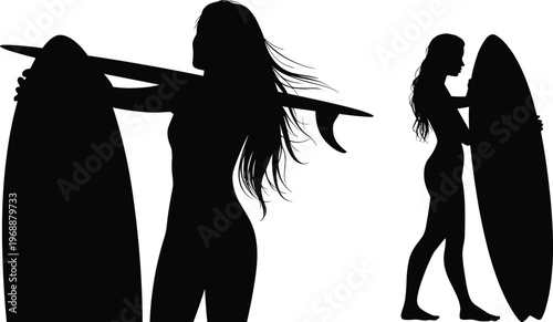 Black silhouette of a beautiful woman surfer holding a surfboard on the beach for summer vacation and water sports concept isolated on white background vector.