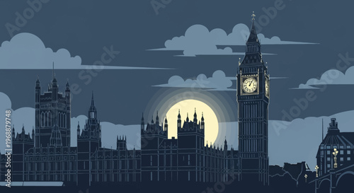 London cityscape at night with Big Ben and full moon