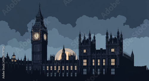 Big Ben London cityscape at night with full moon