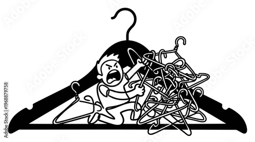 Minimalist Clothes Hanger with Tangled Chaos Cartoon Line Art, Monochrome Vector Illustration of Closet Struggle Humor