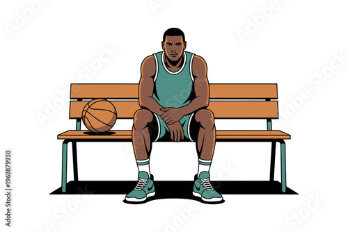 A basketball player sits on a bench with a ball, taking a break during a game or practice session.