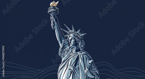 Statue of Liberty illustration in blue tones with torch and tablet