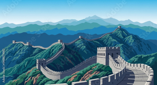 The Great Wall of China scenic mountains landscape illustration