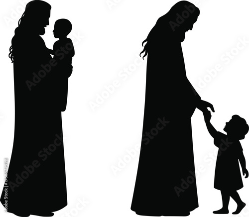 Black silhouette of Jesus Christ holding a baby and holding hands with a small child for religious christianity and faith concept isolated on white background.