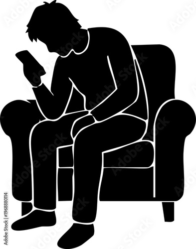 Person sitting alone using smartphone, loneliness and social media addiction concept silhouette illustration