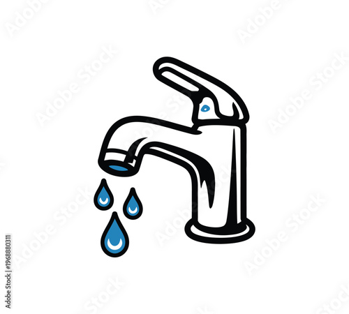 A cartoon-style illustration of a dripping faucet with water droplets falling from the spout.