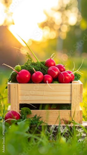 Radishes in a wooden crate sit in grass, with sunlit bokeh background