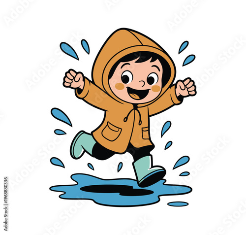 A happy child wearing a yellow raincoat and green rain boots jumping in a puddle on a rainy day with a big smile