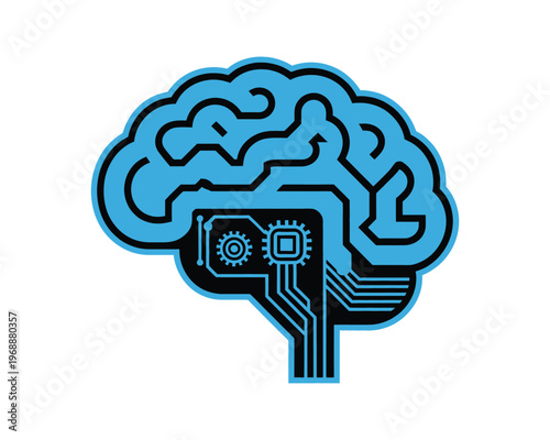 A stylized illustration of a human brain with a circuit board and gears inside, representing artificial intelligence and technology.