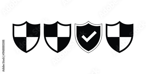 Four black and white shield icons with one highlighted as approved on a plain white background