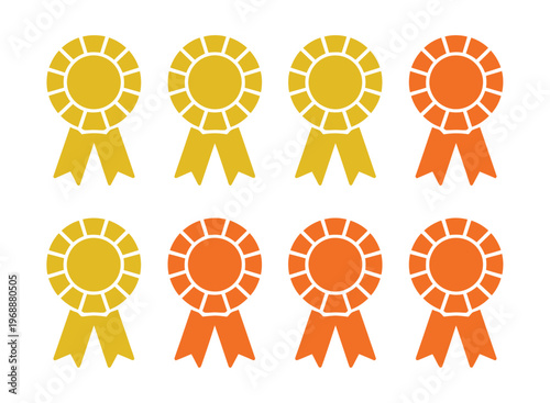 A collection of colorful rosette ribbons on a white background, symbolizing achievement and recognition.
