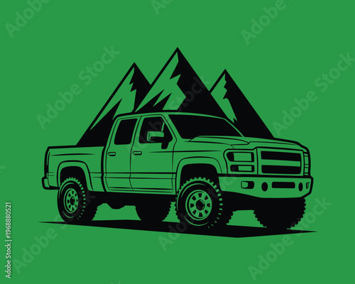 A green pickup truck in front of a mountain range in a graphic illustration style
