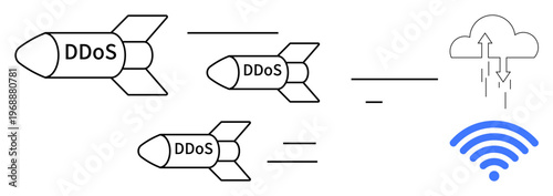 DDoS attack concept. Visual of cybersecurity challenges with DDoS bombardment targeting cloud and wireless networks. DDoS attack, cybersecurity strategies, network security. Applications include