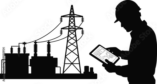 Silhouette of an Electrical Engineer Using a Tablet for Inspection Near High Voltage Power Lines and Electricity Substation Equipment in an Industrial Utility Setting