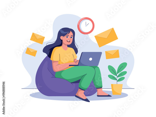 A woman sitting on a purple bean bag chair working on her laptop with a plant nearby and emails floating around her.